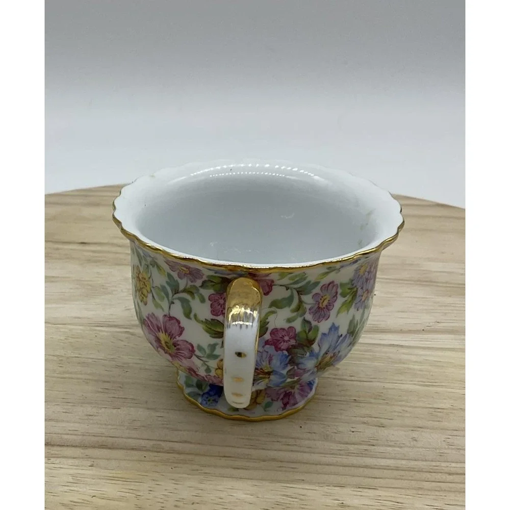 Floral Porcelain Tea Cup Gold Trim Footed Scalloped Rim Multicolor Vintage Retro